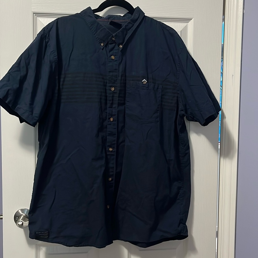 Men's Oakley Button-Down Shirt Short-Sleeve Dress Shirt Dark Blue Stripes Cotton